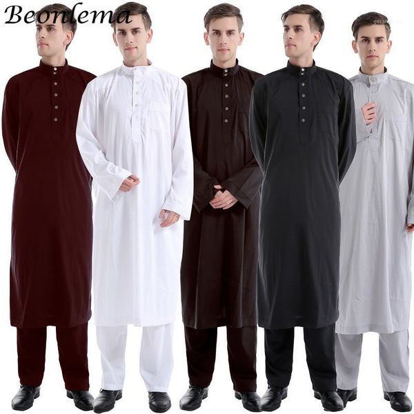 

beonlema arabic men islamic clothing white abaya two pieces moroccan kaftan muslim thobe musulman robe saudi arabia clothing1, Red