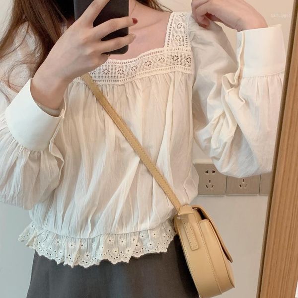 

autumn exquisite square collar lace patchwork sweet shirt blouse, White