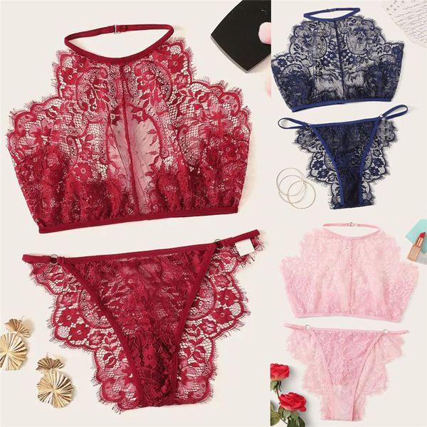 

women underwear plus size ladies lace halter backless bra thong sleepwear lingerie set s-2xl souvetement femme ensemble cd, Red;black
