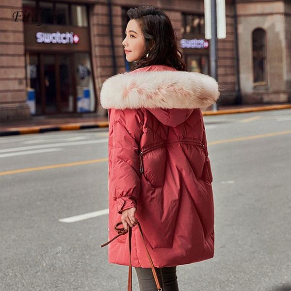 

fitaylor new winter women down coat real fur hooded parkas zipper white duck down jackets meidum long snow outwear1, Black