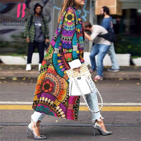 

2020 spring women's coat long printed floral ladies jacket fashion color matching elegant vintage casual plus size long jacketx1020, Black