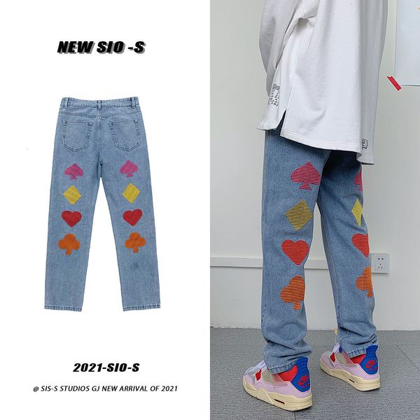 

2021 new men's graphic printed embroidery woman korean streetwear straight denim pants male casual oversize jeans obqu, Blue