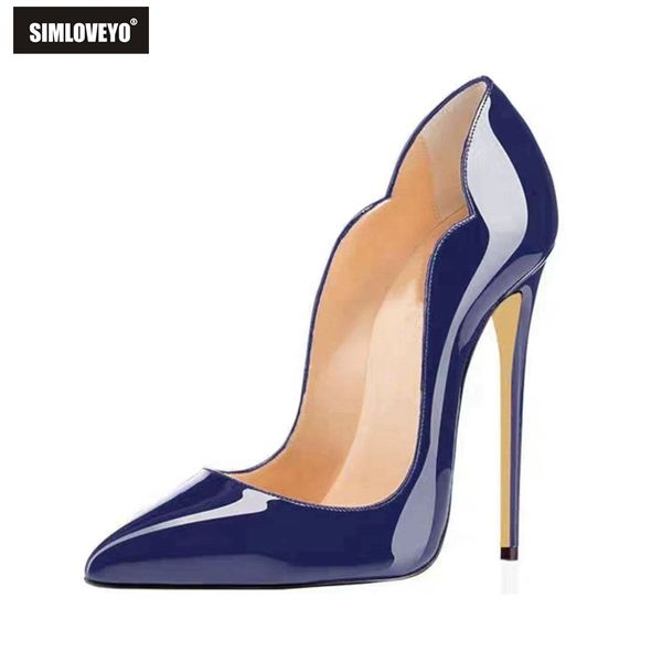 

simloveyo woman ladies super thin high heels 10cm 13cm pumps pointed toe slip on patent leather shallow office lady shoes pink c0202, Black