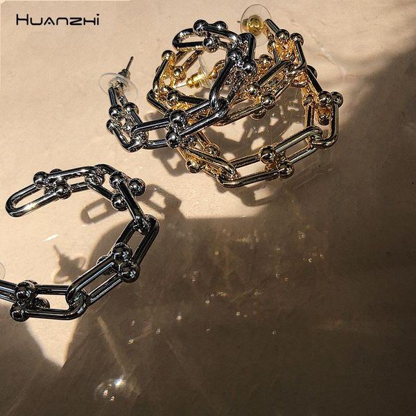 

hoop & huggie huanzhi 2021 s925 splice geometric hollow chain retro c shape earring metal for women girls party jewelry, Golden;silver