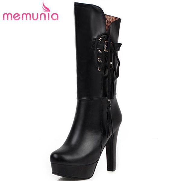 

memunia 2020 mid calf boots women lace up zip super high heels party wedding shoes ladies autumn winter platform boots, Black
