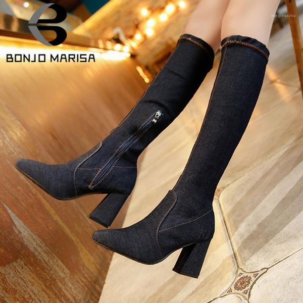 

boots bonjomarisa fashion ladies denim knee high heels zip round toe thick women 2021 autumn slim shoes woman1, Black