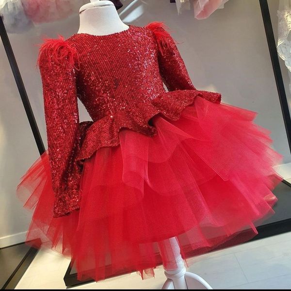 Pailletten-Blumenmädchen-Tutu-Kleid 2022, volle Ärmel, rot, grau, Prinzessin, Baby-Festzug-Kleider, knielang, Schleife, bauschig, Erstkommunion, Geburtstag, formelle Partykleidung