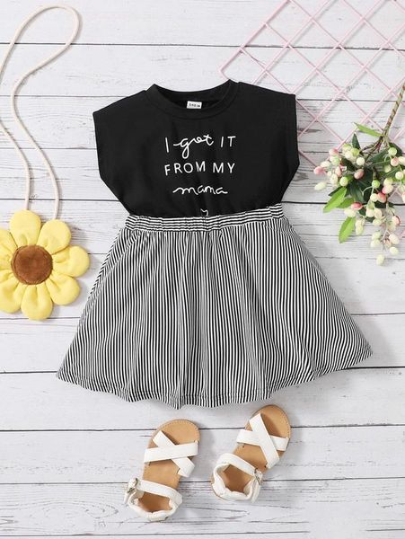 

baby slogan & striped print dress she, Red;yellow
