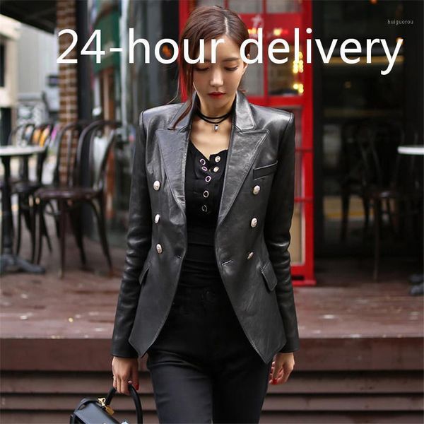 

high street women pu leather jacket fashion double-breasted slim jacket female faux leather outerwear 2020 winter coat1, White;black