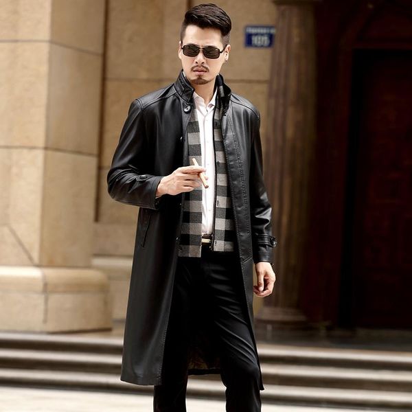 

men's fur & faux big yards clothing m-4xl 2021 large size long coat and a knee lengthened leather, Black