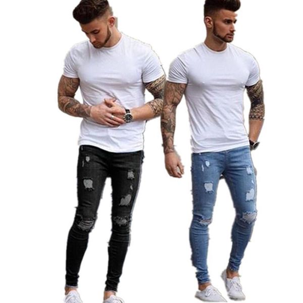 

men's jeans skinny pants men high elastic zipper streetwear fashion male trousers hole washed denim, Blue