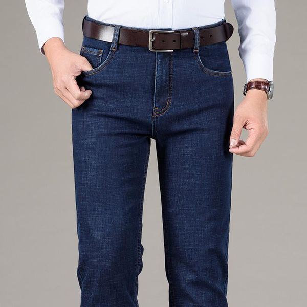 

fashion brand men's cashmere jeans business high waist straight stretch loose long pants pure color casual trousers 2020 winter, Blue