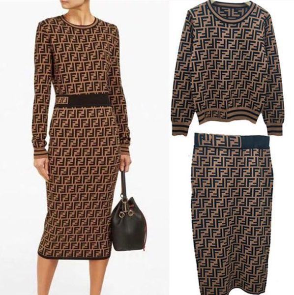 

2020 autumn new women dresses european american fashion sweater dress long-sleeved jersey dress letter printing ff dress two-piece skirt, White