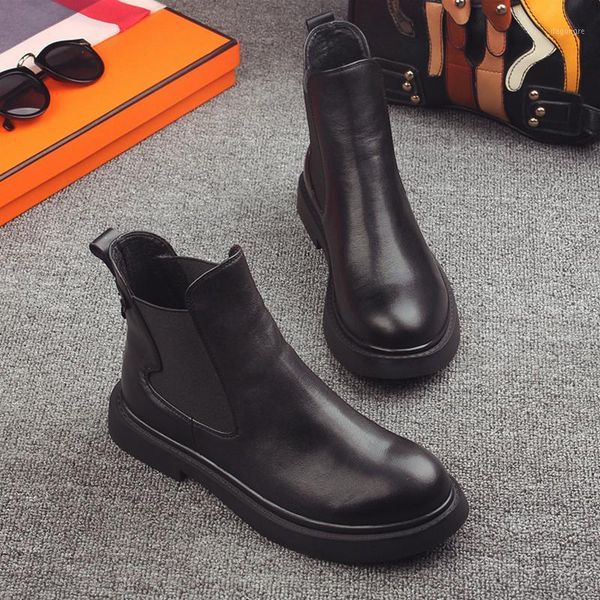 

boots charm2021 women's shoes round head, low heel elastic band, black, thin1