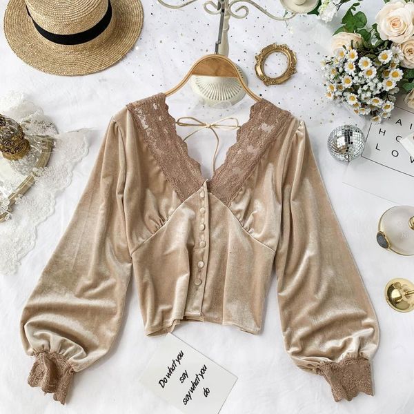 

2020 new fashion women's autumn lace v-neck puff sleeve clothes women shirts1, White