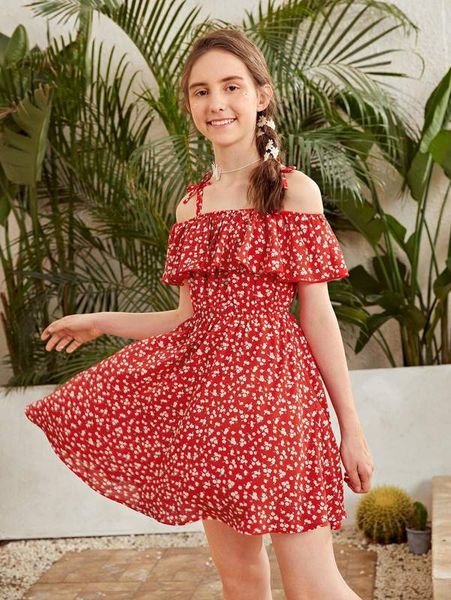 

teen girls cold shoulder ruffle trim ditsy floral dress she, Red;yellow