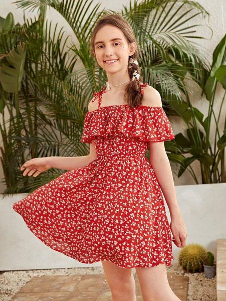 Adolescente meninas frio ombro plissado guarnição Ditsy vestido floral ela