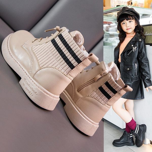 

winter rubber martin girls kids socks children warm cotton soft snow boots knitting casual sneaker pu leather, Black