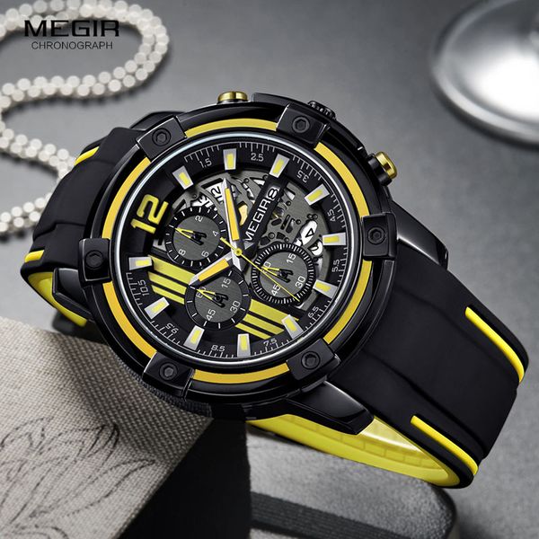 Megir relógios de quartzo cronógrafo relógio de pulso esportivo para homem 3atm à prova d'água masculino preto pulseira de silicone G202097 amarelo