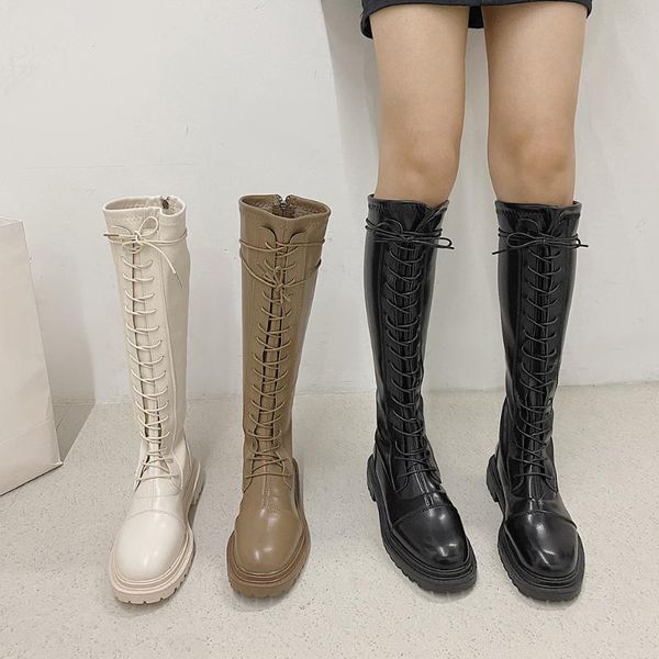 

boots women's 2021 winter plus velvet lace-up were thinner in the tube thin women shoes, Black