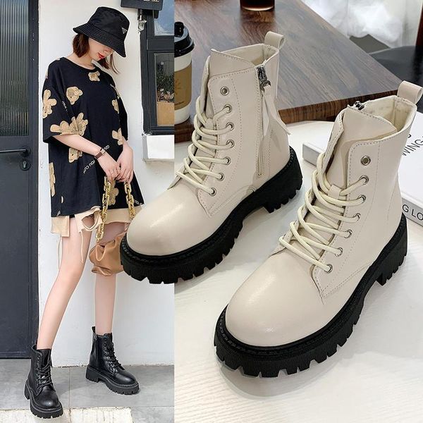 

shoes lady boots lace up luxury designer flat heel ankle booties women boots-women round toe ladies autumn fashion med low rock, Black