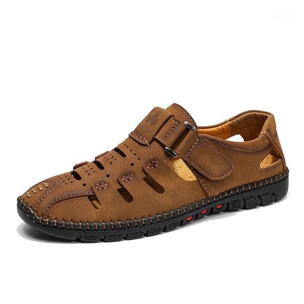 

sandals mens leather 2021 summer outdoor man shoes soft breathable handmade footwear male casual walking men 38-481, Black
