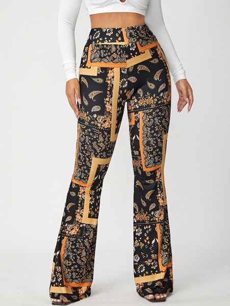 

sxy scarf print flare leg pants u9lz#, Black;white