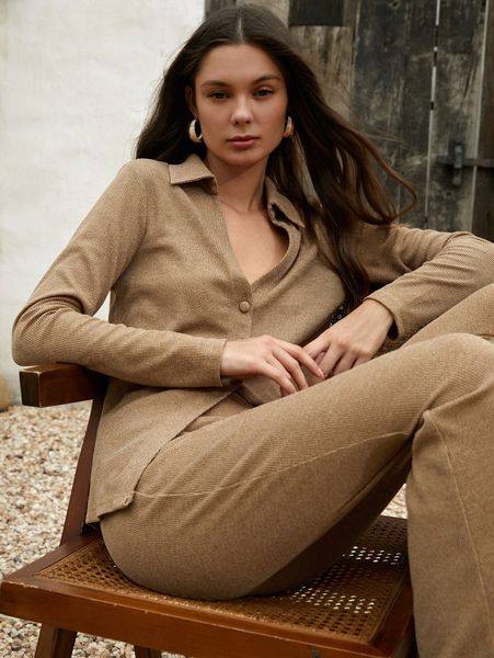 

solid button front & high waist pants r2qi#, White