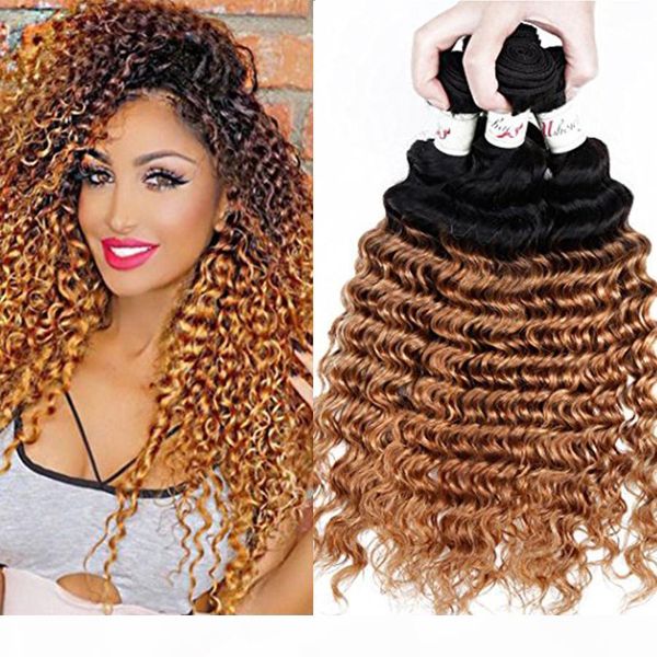 

1b 27 honey blonde ombre brazilian deep curly human hair bundles 3pcs 8a brazilian virgin two tone ombre human hair weave deep wave, Black;brown