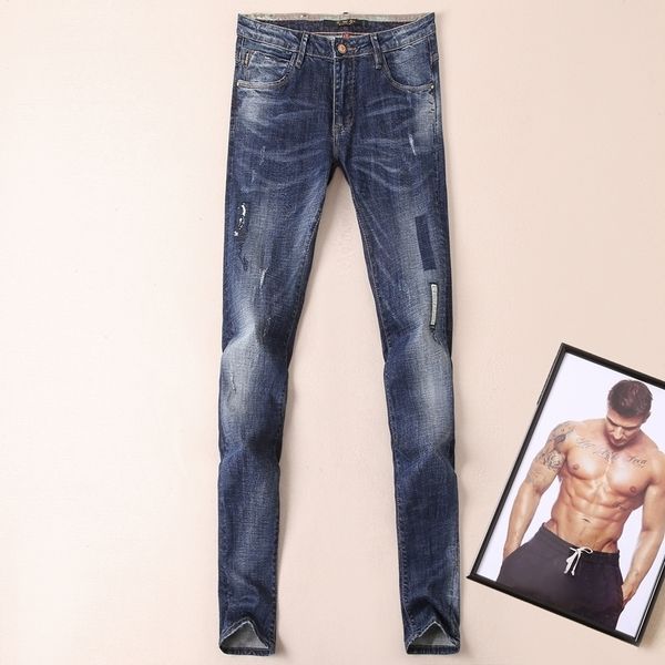 

famous designer brand men's jeans autumn new classic gentleman denim pants solid stretch scratched trousers dark blue 80705