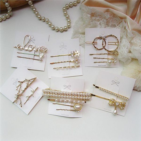 

2021 new trendy temperament imitation pearl word hair clips for women branch letter shape alloy hair clip set female jewelry