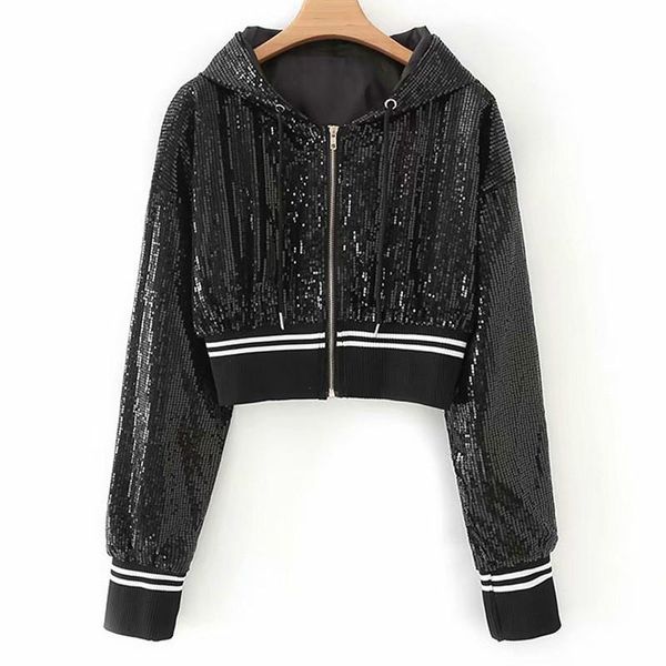 

black silver women's jacket 2021 autumn sunscreen sports hooded jacket sequins pink zipper sweet long sleeve short coat female, Black;brown