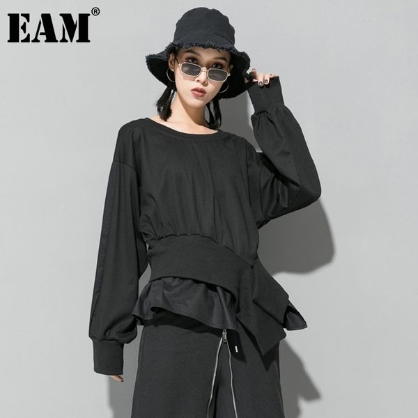 

[eam] loose fit black irregular cross sweatshirt new round neck long sleeve women big size fashion spring autumn 1da866 201202