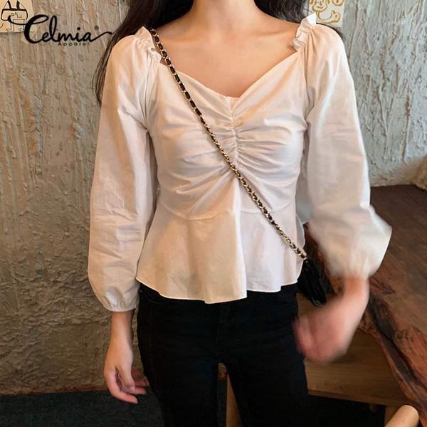 

fashion shirts celmia women summer pleated tunic elegant v-neck ruffles blouse puff sleeve casual white blusas femininas 71