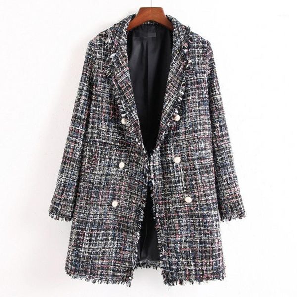 

european american fashion trench coat female mid-long rough flower plaid coat autumn winter large size tassel leisure 7841, Tan;black
