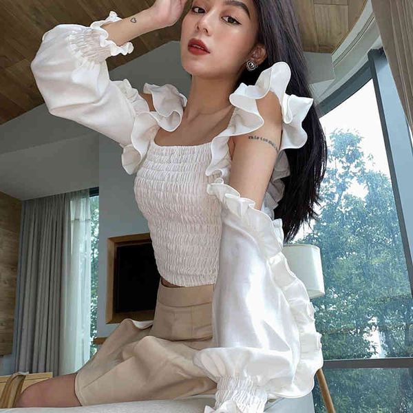 

elegant fungus blouse french fashion puff long sleeve hollow square collar elastic slim waist all match short shirt, White