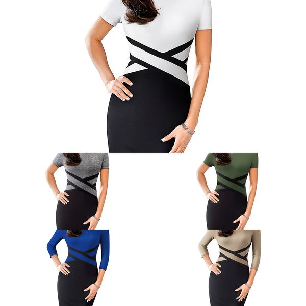 

nice-forever vintage elegant contrast color patchwork wear to work vestidos business party office women bodycon dress b463 h1210, Black;gray