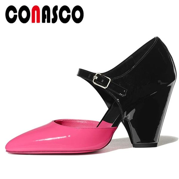 

conasco spring summer women pumps mary janes high heels shoes fashion elegant wedding party genuine leather shallow shoes woman, Black