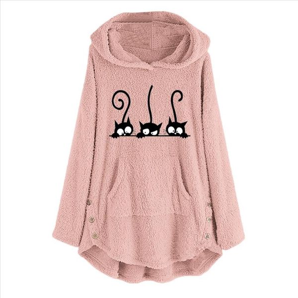 

fashion women casual simple fleece cat embroidery sweatshirt long sleeve comfortable soft plus size warm hoodie, Black