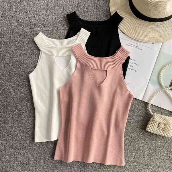 

knitted hollow out women off shoulder o-neck tanke woman halter camisole sleeveless solid color cami ins, White