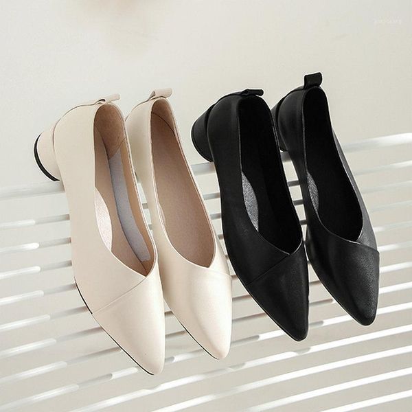 

genuine leather chunky heel pumps woman shoes slip-on work shoes business high heels 3.5cm block heeled ladies1, Black