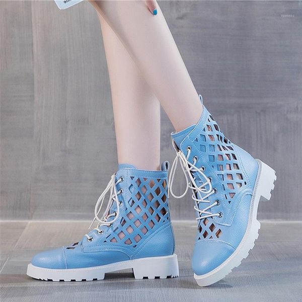 

women mid-calf boots woman genuine leather hollow out breathable shoes 2020 autumn ladies lace up platform female plus size 421, Black