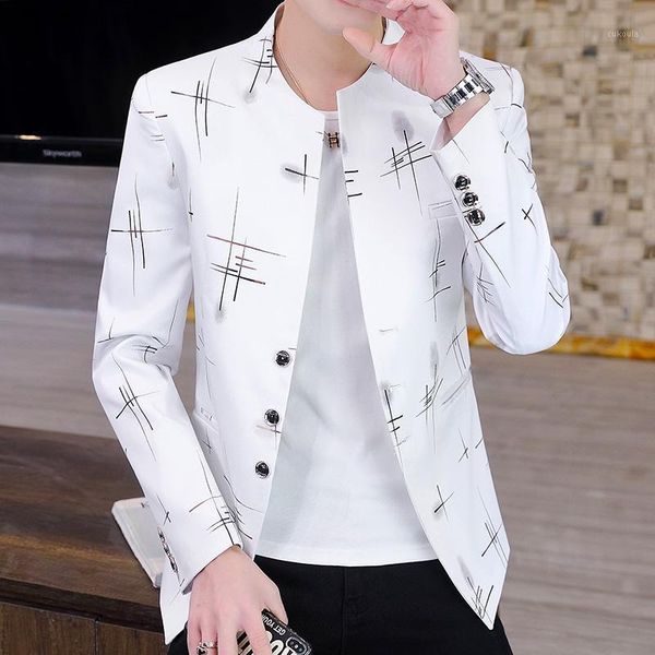 

small suit jacket male spring and autumn 2021 new single trend slim handsome print spring leisure suit1, White;black