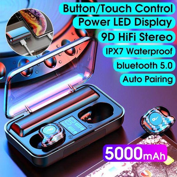 

5000mah tws bluetooth 5.0 earphone 9d hifi wireless earbuds led power display button/ touch control headset mini power bank