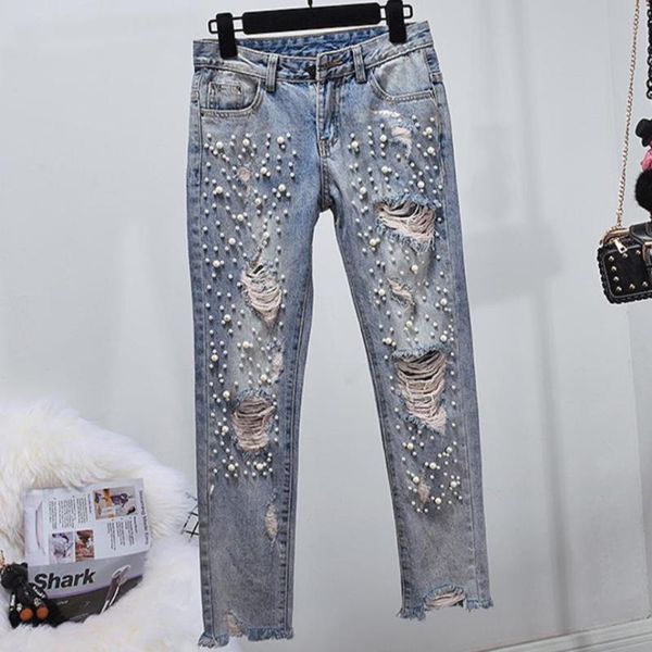 

women's jeans skinny ripped women distressed hole beads pearl with pearls denim pencil pants plus size, Blue