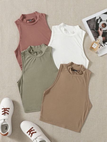 

4pcs solid mock neck tank e9eg#, White