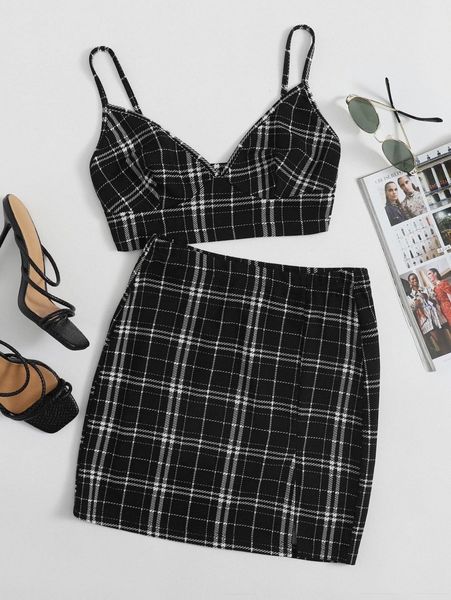 

tartan bralette cami and skirt set f0x4#, White