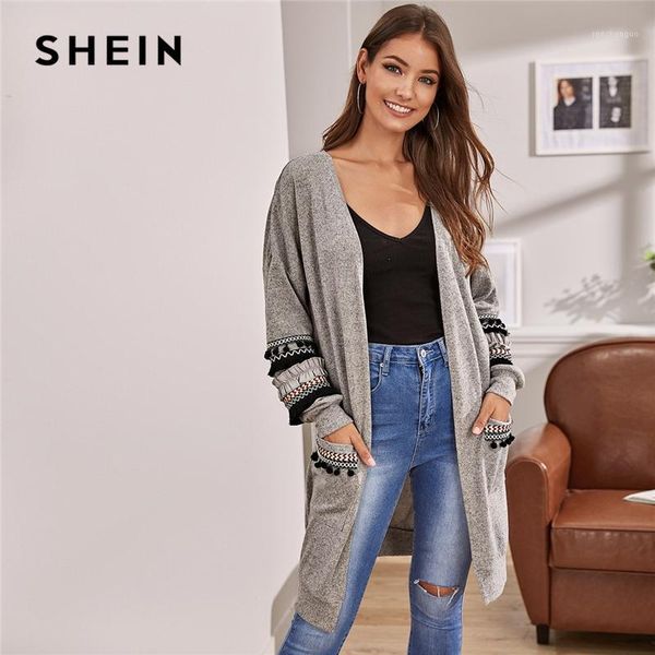 

shein grey tribal tape detail pocket front cardigan women autumn embroidery fringe casual long outerwear cardigans1, Tan;black