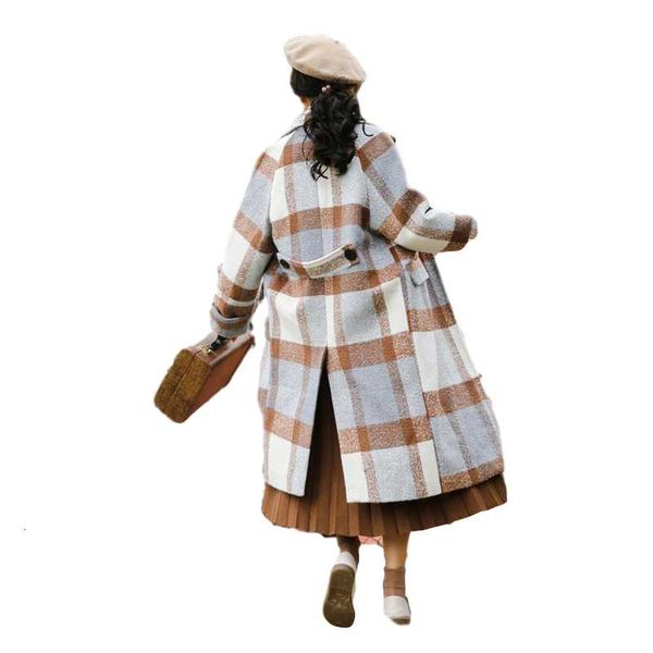 

2020 new autumn jacket women casual plaid turn-down collar long woolen coat winter women's button pocket wool jackets girls x968, Black