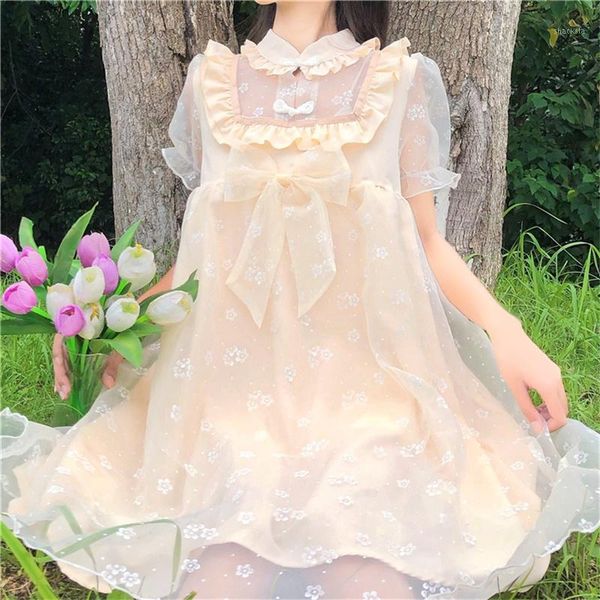 

japanese sweet mesh splicing preppy style women dresses 2020 summer cute fairy stand collar ruffles lace bow princess lady dress1, Black;gray